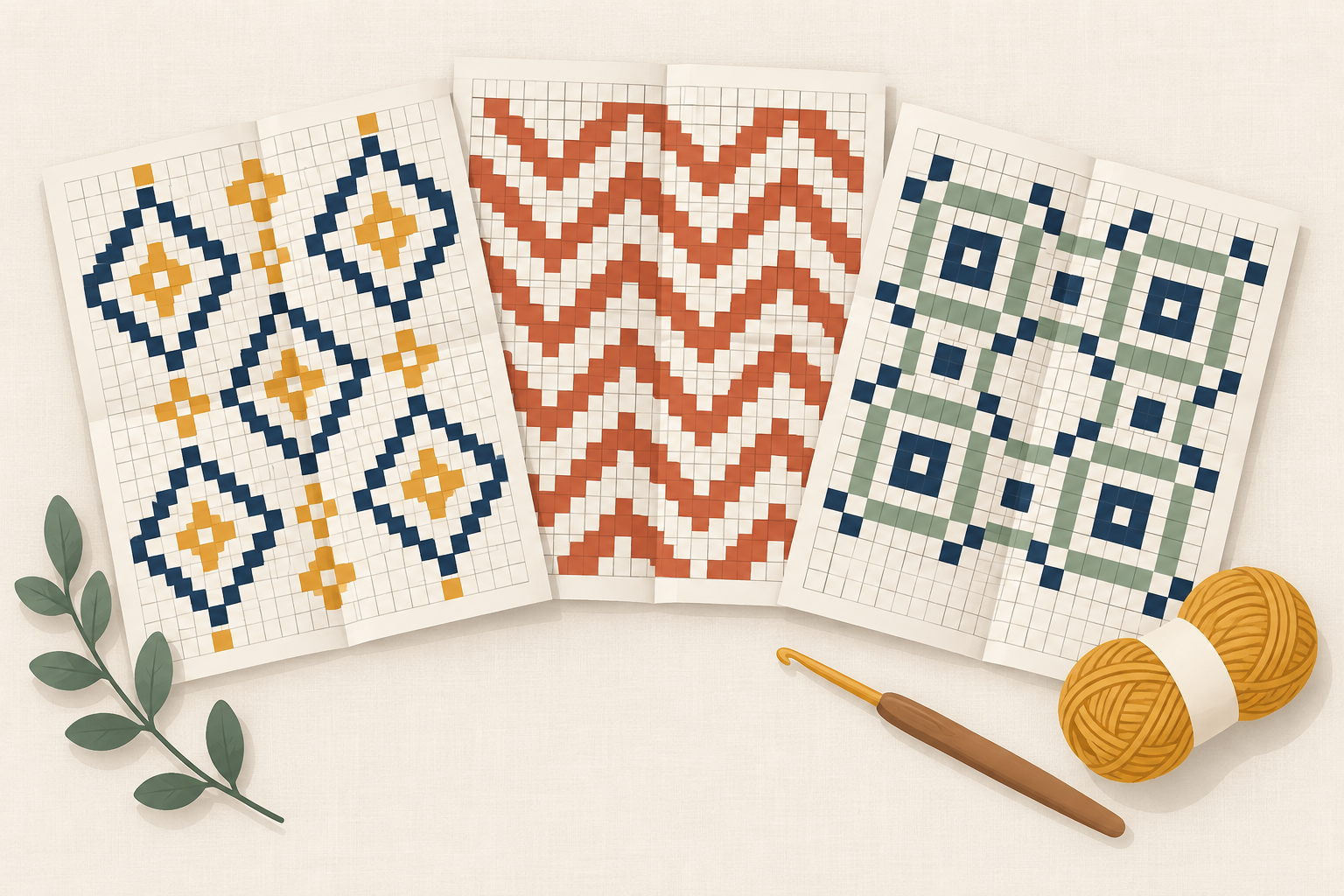 Planche de plusieurs petits carrés de crochet mosaïque, motifs variés
